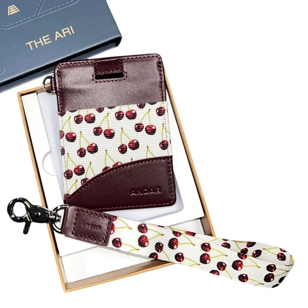 Andar The Ari Slim Leather Card Holder Wallet Wild Cherry Print with Lanyard NEW